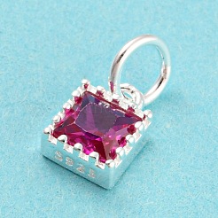 スターリングシルバーの誕生石チャーム925個  シングルキュービックジルコニア付き  多面カット正方形  銀  赤ミディアム紫  7x5x3mm  穴：3mm&nbsp;STER-G035-01A-01