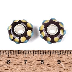 手作りのランプワークと真鍮芯のヨーロピアンビーズ  エナメル加工の大きな穴のビーズ  でこぼこした点線のロンデル  銀  ココナッツブラウン  15~17x7.5~8.5mm  穴：4~4.5mm&nbsp;LAMP-N044-13S-01