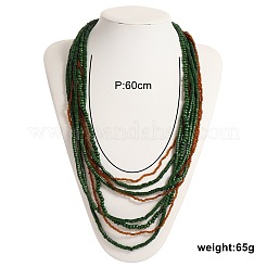 ボヘミアンスタイルの木製とガラスのシードビーズの多層ロングネックレス（女性用）  濃い緑  23.62インチ（60cm）&nbsp;FS-WG013E3-01