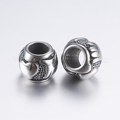 304ステンレススチールヨーロピアンビーズ  大穴ビーズ  ハンド＆ハート付きのロンドル  アンティークシルバー  10~10.5x8mm  穴：5mm&nbsp;STAS-P183-24AS