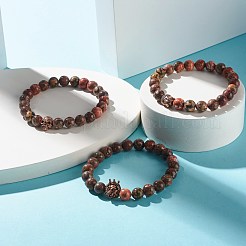 男性女性のための天然ヒョウスキンジャスパーラウンドビーズヨガストレッチブレスレット  混合形状の合金ビーズブレスレット  ゴールドカラー  内径：2インチ（5.2cm）&nbsp;BJEW-JB06928