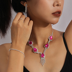 女性用ティアドロップ合金ラインストーンブレスレット＆イヤリング＆ネックレス＆リングセット  ローズ  ネックレス：350ミリメートル&nbsp;FS-WG7FCB3-03