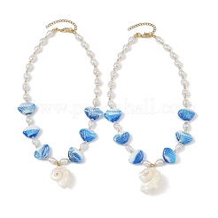Summer Beach Natural Sea Shell Pendant Handmade Lampwork & Imitation Pearl Beaded Necklaces&nbsp;NJEW-JN06371