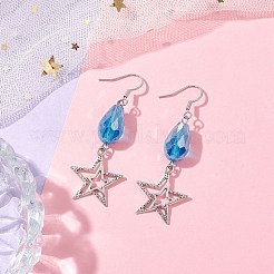 合金スターのダングルのイヤリング  女性用真鍮ガラスティアドロップイヤリング  プラチナ  58x20.5mm&nbsp;EJEW-JE05873