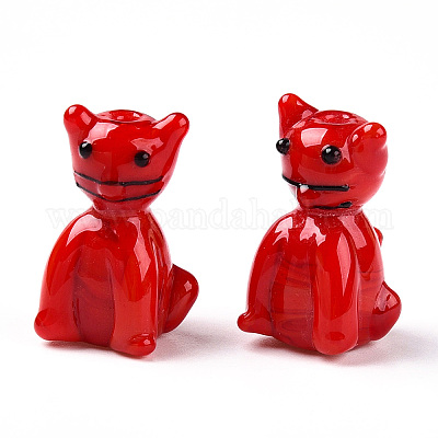 手作りランプワークビーズ  猫の形  レッド  21x14.5x12.5mm  穴：1.8mm&nbsp;LAMP-T021-19C-1