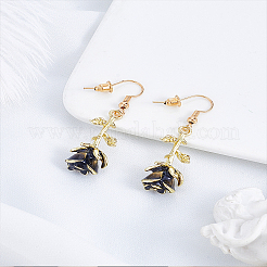 合金エナメルダングルイヤリング1組  花バラ  ゴールドカラー  ピンク  45x12.5mm&nbsp;EJEW-LP0007-108A