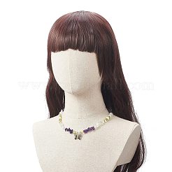ガラス バタフライ ペンダント ネックレス  女性のための天然宝石チップ & シェル パール ビーズ ネックレス  17.32インチ（44cm）&nbsp;NJEW-JN04122