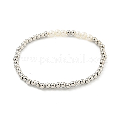 Brass & ABS Plastic Imitation Pearl Round Beaded Stretch Bracelets for Women&nbsp;BJEW-G704-02P