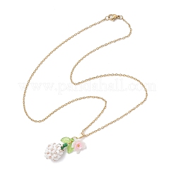 ガラスシードビーズと模造真珠の花のペンダント、304ステンレススチールアズキチェーンネックレス（女性用）  透明なアクリルの緑と黄色の葉付き  ゴールドカラー  ホワイト  17.87インチ（45.4cm）&nbsp;NJEW-MZ00115-04