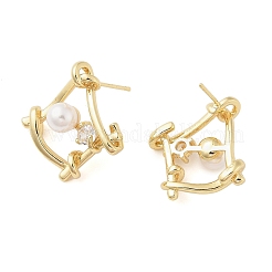 女性用真鍮菱形スタッドピアス  ABSイミテーションパール＆ラインストーンラインストーン付き  18KGP本金メッキ  24x22mm&nbsp;EJEW-F346-03G