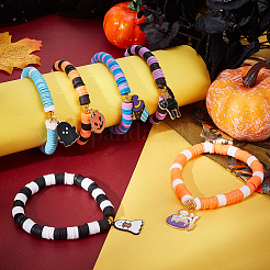 ハロウィンブレスレット作りキット  コウモリ、ネコ、ゴースト、カボチャの合金エナメルペンダントを含む  ポリマークレイディスクビーズ  ミックスカラー  996個/箱&nbsp;DIY-SC0021-94