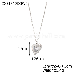 304ステンレススチールパヴェクリアキュービックジルコニアペンダントネックレス  女性用アズキチェーンネックレス  ハート  ステンレス鋼色  透明  17.72インチ（45cm）&nbsp;STAS-OY018-21P