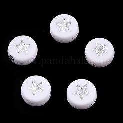 不透明なアクリルビーズ  スターとフラットラウンド  ホワイト  銀メッキ  7x4mm  穴：1.5mm  約3600個/500g&nbsp;PACR-N006-006A-01B