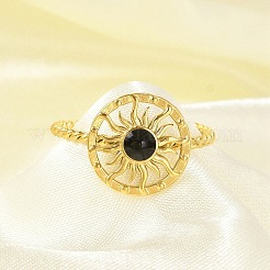 女性用304ステンレススチールエナメルカフリング  太陽模様のオープンリング  ゴールドカラー  ブラック  12.5mm  調整可能&nbsp;RJEW-G338-01G-02