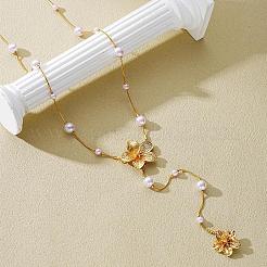 合金とプラスチックの真珠の花の長いタッセルのY字型ペンダントネックレス（女性用）  ホワイト  ゴールドカラー  22.95インチ（58.3cm）&nbsp;WG37FD2-01
