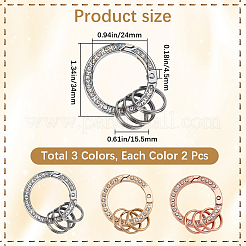 6Pcs 3 Colors Alloy Crystal Rhinestone Spring Gate Rings&nbsp;FIND-GF0007-96