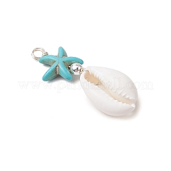 2Pcs 2 Colors Cowrie Shell & Synthetic Turquoise Starfish Pendants&nbsp;PALLOY-JF03407