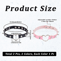 2Pcs 2 Colors Adjustable Gothic PU Leather Alloy Heart Spike Rivet Heart Choker Necklaces for Women&nbsp;NJEW-CL0001-17B