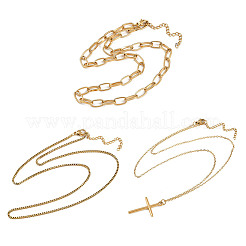 304ステンレススチールクロスペンダント3層ネックレス（女性用）  ゴールドカラー  16.34~19.29インチ（41.5~49cm）  3個/セット&nbsp;NJEW-F343-02G