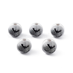ハロウィンプリント天然木ヨーロピアンビーズ  大穴ビーズ  ラウンド  バット模様  15.2~16x15mm  穴：4~4.5mm&nbsp;WOOD-C014-01A