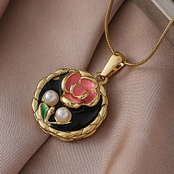 316 Surgical Stainless Steel Enamel with Imitation Pearl Flat Round with Flower Pendant Necklaces for Women&nbsp;JA3265