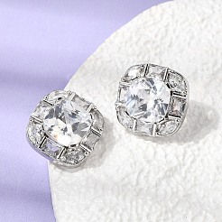 真鍮製パヴェクリアキュービックジルコニア＆ガラススタッドピアス  正方形  ラックめっき  長持ちメッキ  カドミウムフリー＆鉛フリー  プラチナ  14.5x15mm&nbsp;EJEW-G471-03P-01