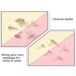 30個 5スタイル 304ステンレススチールスタッドピアス金具  花  30個のプラスチック製イヤーナット  ステンレス鋼色  4~16x4~16mm  ピン：0.7~0.8mm  6個/スタイル&nbsp;STAS-YW0001-87