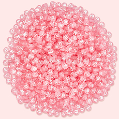 透明なアクリルビーズ  水平穴  アルファベット付きフラットラウンド  ピンク  7x4mm  穴：1.5mm  800pc&nbsp;TACR-PA0001-18B