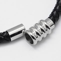 編み込みレザーコードブレスレット  304ステンレススチール製マグネット留め具付き  ブラック  200x6mm&nbsp;BJEW-I199-03