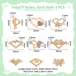 36個 9スタイル 合金ラインストーンリンク/コネクター  混合図形  ミックスカラー  12~22x16~25x2~2.5mm  穴：1.5~1.8mm  4個/スタイル&nbsp;FIND-UN0016-38