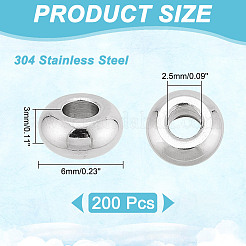 304ステンレススチールビーズ200個  ロンデル  ステンレス鋼色  6x3mm  穴：2.5mm&nbsp;STAS-AR0001-92