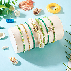 2 Bags Summer Beach Glass Seed Beaded & Natural Shell & Alloy Starfish Charm Anklet Sets&nbsp;AJEW-TA0003-69E