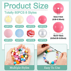 80 個 8 スタイル混合スタイルアクリルビーズ  ラウンド  ミックスカラー  16x15~16mm  穴：2~4mm  10個/スタイル&nbsp;OACR-TA0005-11