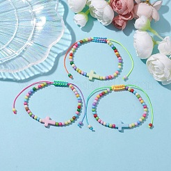 Cross & Round Acrylic Braided Bead Bracelets&nbsp;BJEW-JB10239-02
