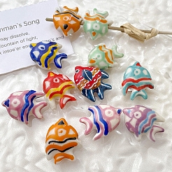 手作りの陶器ビーズ  手描きの陶器ビーズ  海洋生物ビーズ  魚  ミックスカラー  17x22x7mm  穴：1.7mm&nbsp;PW-WG52263-M