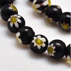ラウンドミッレフィオーリガラスビーズ連売り  ブラック  7.6~8mm  穴：1mm  約48個/連  14.9インチ&nbsp;X-LK-P002-08