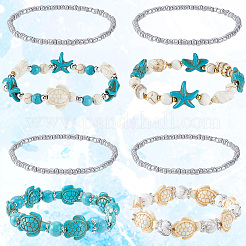 8Pcs Turtle & Starfish Synthetic Turquoise Beaded Stretch Bracelet&nbsp;BJEW-SC0001-46