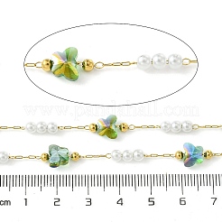 10m イオンプレーティング(IP) 304 ステンレススチール & ABS プラスチックパールビーズ & バタフライガラスリンクチェーン  ハンダ付け  スプールで  18KGP本金メッキ  グリーン  蝶：6.5x7.5x5mm  ビーズ：4x3.5mm  約32.81フィート（10m）/ロール&nbsp;CHS-G035-04G-05