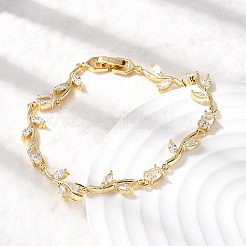 Leaf Brass Micro Pave Clear Cubic Zirconia Link Chain Bracelets&nbsp;BJEW-C130-02G