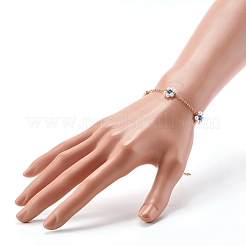 シェルパール＆アクリルビーズフラワーリンクブレスレット  真鍮アズキチェーン付き  ゴールドカラー  ブルー  2mm  7-1/4インチ（18.4cm）&nbsp;BJEW-TA00003-03