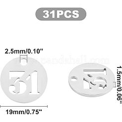 304ステンレスペンダント  中空  番号付きのフラットラウンド  ステンレス鋼色  ステンレス鋼色  19x1.5mm  穴：2.5mm  31番号  1pc / numberm  31個/箱&nbsp;STAS-UN0019-83P