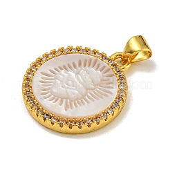 Rack Plating Brass Micro Pave Clear Cubic Zirconia Flat Round Pendants&nbsp;LS-KK-U025-10G-09