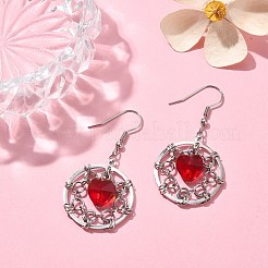 Brass Flat Round & Glass Heart Dangle Earrings&nbsp;EJEW-TA00270