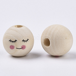天然木ヨーロッパビーズ  印刷  大穴ビーズ  ラウンド  古いレース  15~16mm  穴：4mm&nbsp;X-WOOD-S055-17