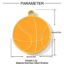 304ステンレススチールエナメルペンダント  バスケットボールのチャーム  イオンプレーティング（ip）  18KGP本金メッキ  オレンジ  18x16mm&nbsp;STAS-OY003-19G