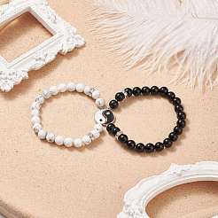 2Pcs 2 Style Natural Dyed & Heated Black Agate & Howlite Beaded Stretch Bracelets Set&nbsp;BJEW-TA00163