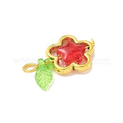 ガラスの花のペンダント  鉄製ループと合金ビーズフレーム付き  アンティーク黄金  23x14.5x4.5mm  穴：3mm&nbsp;PALLOY-JF03865-01