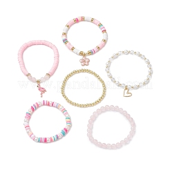 6Pcs 6 Styles Handmade Polymer Clay Heishi & Glass & Electroplate Non-magnetic Synthetic Hematite & Rose Quartz Beads Stretch Bracelets & Alloy Enamel Charm Bracelets&nbsp;BJEW-JB12231