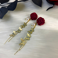 Rose with Butterfly Flocking Alloy Dangle Stud Earrings&nbsp;FS-WG3A5F5-01