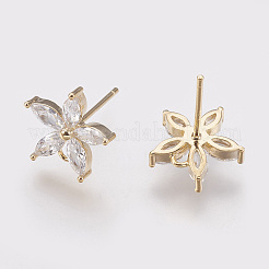 真鍮キュービックジルコニアスタンドピアスパーツ  カン付き  ニッケルフリー  18KGP本金メッキ  花  11.5x12mm  穴：1.5mm  ピン：0.5~0.8mm&nbsp;X-KK-S336-29G